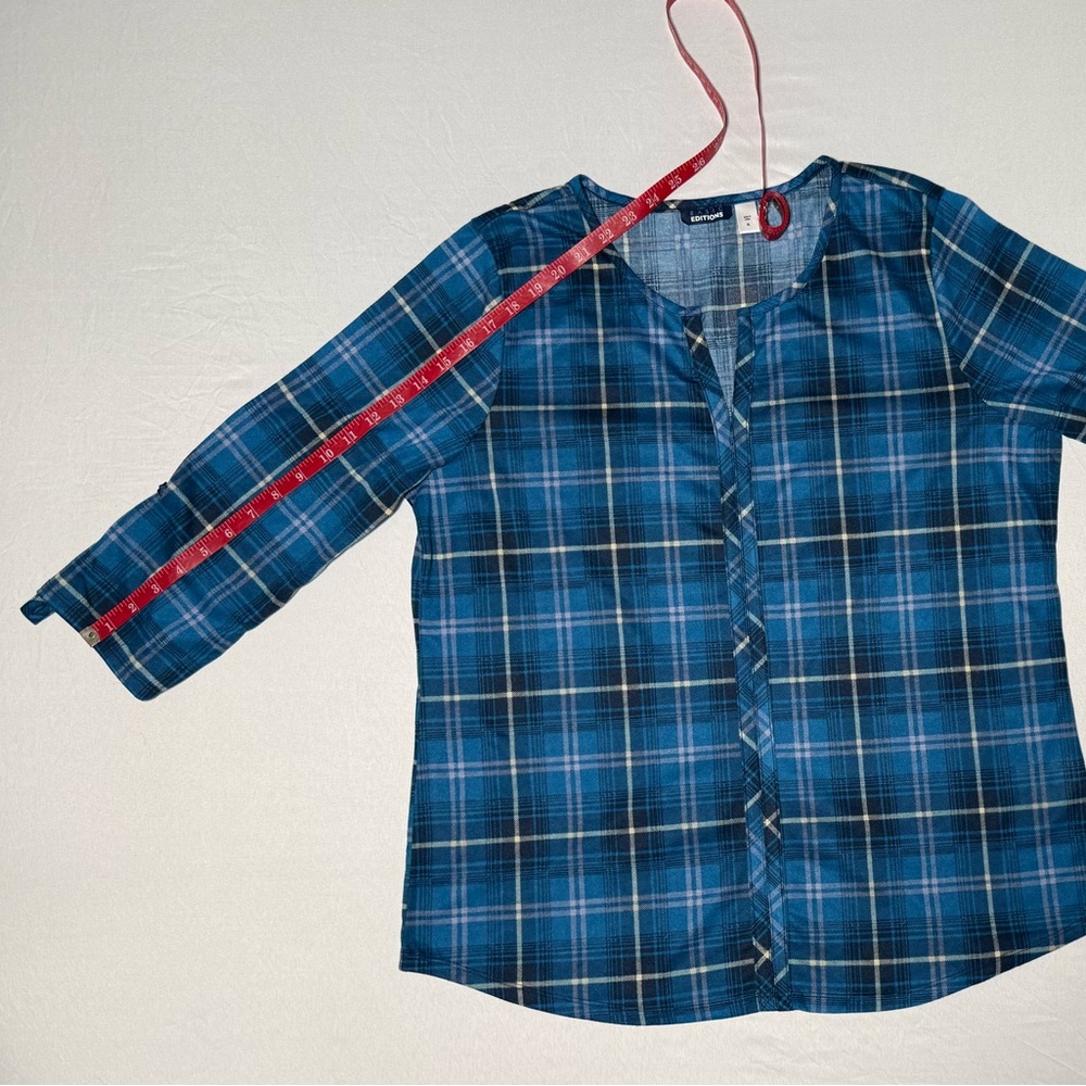 Basic Editions Blue Plaid Tunic 3/4 Sleeve V-Neck Faux Button Front - Size XL - Picture 5 of 8